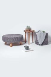 Homescapes Large Round Cotton Knitted Footstool on Legs in Grey - thumbnail 6