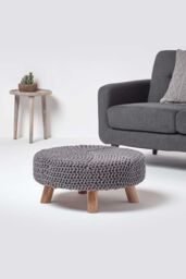 Homescapes Large Round Cotton Knitted Footstool on Legs in Grey - thumbnail 2
