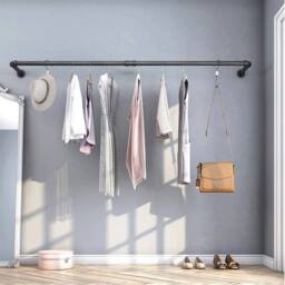 KORVIXA 61cm Wall Mounted Clothes Rail Metal Pipe Garment Coat Rack in Black - Size: 800mm - thumbnail 5