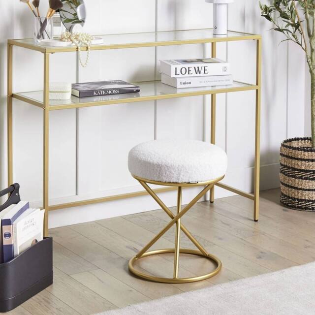 Wyld and Coco Round Footstool - Off-White Boucle Gold Metal Legs in White - image 1