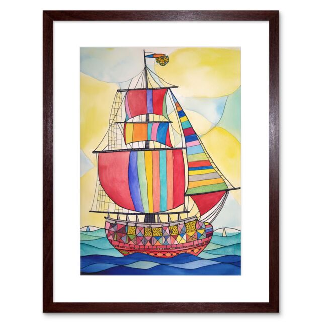 "Artery8 Wall Art Print Rainbow Colour Sailing Ship Folk Artwork Framed 9X7 Inch in Brown - Size: W7"" x H9""" - image 1