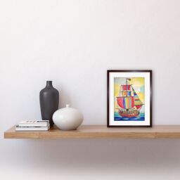 "Artery8 Wall Art Print Rainbow Colour Sailing Ship Folk Artwork Framed 9X7 Inch in Brown - Size: W7"" x H9""" - thumbnail 2