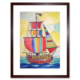"Artery8 Wall Art Print Rainbow Colour Sailing Ship Folk Artwork Framed 9X7 Inch in Brown - Size: W7"" x H9""" - thumbnail 1