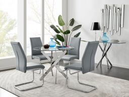 FurnitureboxUK Novara Clear Tempered Glass 100cm Round Dining Table with Chrome Starburst Legs & 4 Lorenzo Faux Leather Chairs in Grey