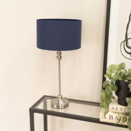 ValueLights Maggie Brushed Chrome Candlestick Table Lamp with Fabric Drum Shade & LED Bulb in Navy - thumbnail 3