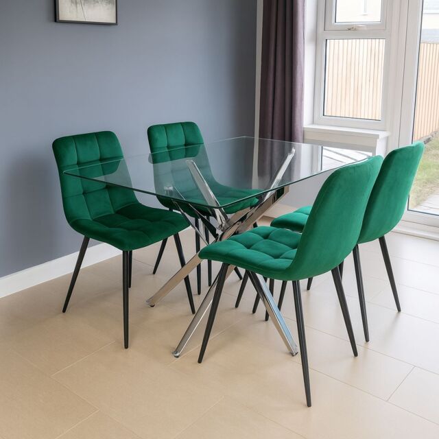 KOSY KOALA Modern Rectangle Glass Dining Table Set With 4 Green Velvet Chairs Dining Room Furniture in Brown - image 1