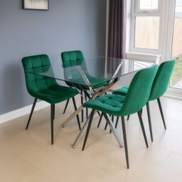 KOSY KOALA Modern Rectangle Glass Dining Table Set With 4 Green Velvet Chairs Dining Room Furniture in Brown