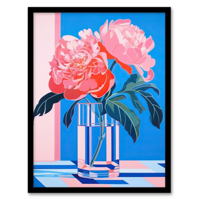 "Wee Blue Coo Wall Art Print Perfect Peonies Flower Blooms in Glass Vase Teal Blue Pink Vibrant Stylised Floral Art Framed - Size: W12"" x H16""" - image 1