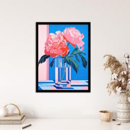 "Wee Blue Coo Wall Art Print Perfect Peonies Flower Blooms in Glass Vase Teal Blue Pink Vibrant Stylised Floral Art Framed - Size: W12"" x H16""" - thumbnail 4