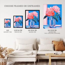 "Wee Blue Coo Wall Art Print Perfect Peonies Flower Blooms in Glass Vase Teal Blue Pink Vibrant Stylised Floral Art Framed - Size: W12"" x H16""" - thumbnail 3