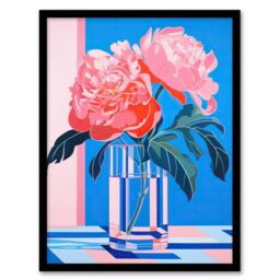 "Wee Blue Coo Wall Art Print Perfect Peonies Flower Blooms in Glass Vase Teal Blue Pink Vibrant Stylised Floral Art Framed - Size: W12"" x H16""" - thumbnail 1