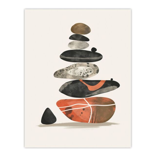 "Artery8 Stacked Stones Zen Cairn Boho Vertical Wall Art Print in Orange - Size: W24"" x H32""" - image 1