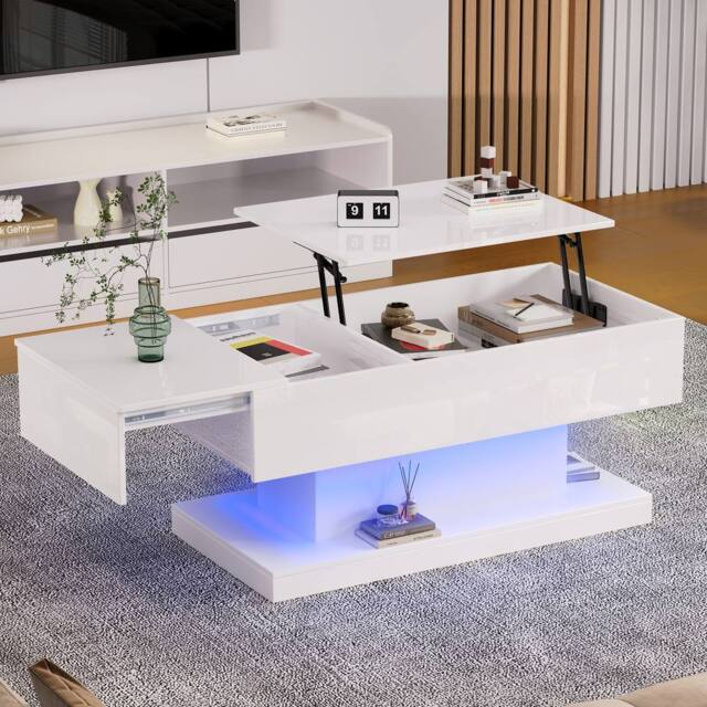 BTM High Gloss Lift Table, Extendable Top with Storage in White - image 1