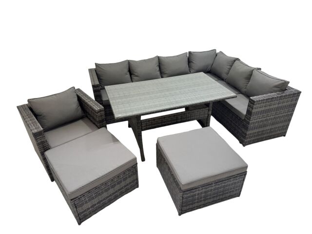 Fimous 9 Seater Patio Dining Corner Sofa Sets with Chair 2 Big Stools in Dark Grey - image 1