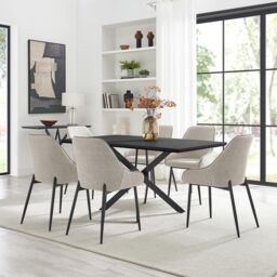 FurnitureboxUK Leonardo Black Top Dining Table & 6 Beaumont Fabric Chairs in Cream - thumbnail 1