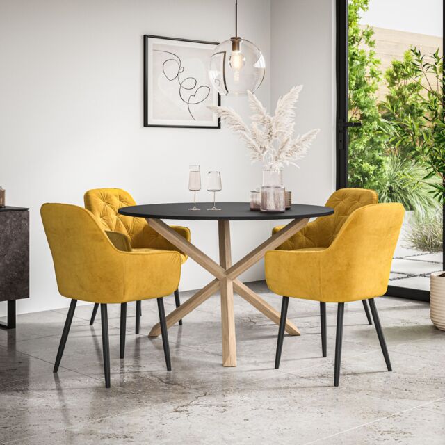 More4Homes Malvern Round Dining Table & Chairs - Black Table Top w Solid Oak Legs + Anika Velvet Dining Chair Set Of 4 in Mustard - image 1