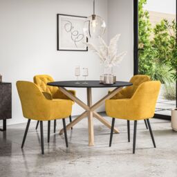 More4Homes Malvern Round Dining Table & Chairs - Black Table Top w Solid Oak Legs + Anika Velvet Dining Chair Set Of 4 in Mustard
