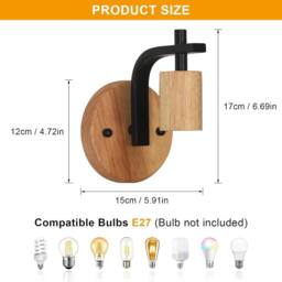 COMELY 2 Pack Indoor Wall Lights, Vintage Wood Wall Lights Black, E27 - thumbnail 7