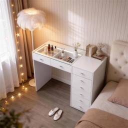 FENCHILIN Dressing Table with 8 Drawers & Lights Hollywood Makeup Vanity Desk in White - thumbnail 2