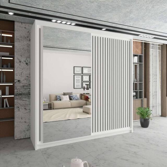 Sliding Wardrobes 4U Sleek Sliding Mirror Wardrobe with LED Various Sizes W203cm x H217cm in White