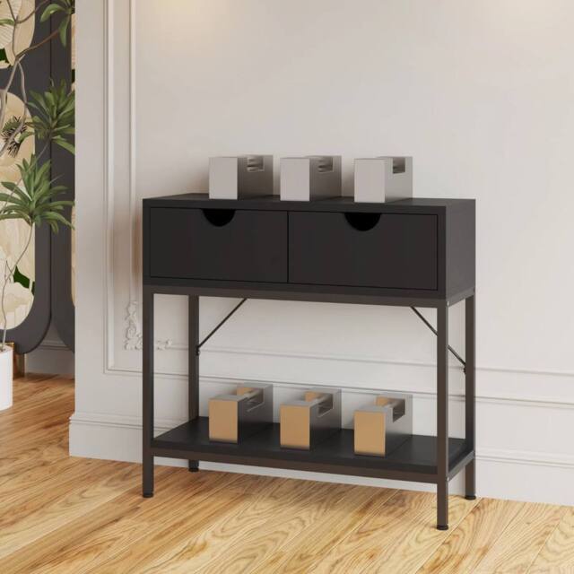 VOGREX Black Console Table MDF Top Metal Frame 2 Drawer Storage Hallway - image 1