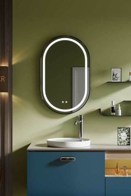 Living and Home Anti-fog Wall Mounted Oval LED Bathroom Mirror in Black - image 1
