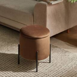 Wyld and Coco Dark Brown Velvet Storage Pouffe with Pine Wood Base - thumbnail 1