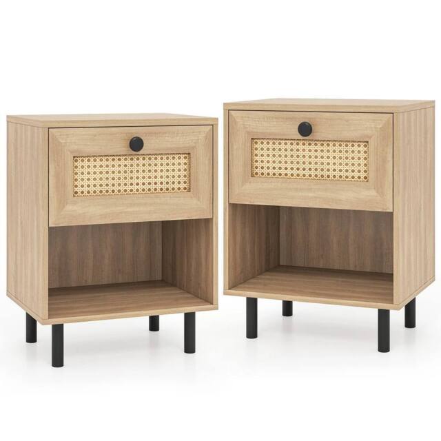 Kelvenix Set of 2 Rattan Nightstand Boho Style Bedside Table in Brown - Size: 0.6m2 - image 1
