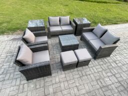 Fimous Outdoor Garden Furniture Sets 9 Pieces Wicker Rattan Furniture Manual Wicker Patio Sofa Set with 2 Small Footstools in Dark Grey - thumbnail 2