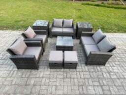Fimous Outdoor Garden Furniture Sets 9 Pieces Wicker Rattan Furniture Manual Wicker Patio Sofa Set with 2 Small Footstools in Dark Grey - thumbnail 1