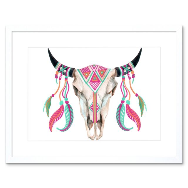 "Artery8 Wall Art Print Watercolour Cow Skull Art Framed 9x7 inch in White - Size: W7"" x H9""" - image 1
