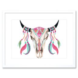 "Artery8 Wall Art Print Watercolour Cow Skull Art Framed 9x7 inch in White - Size: W7"" x H9""" - thumbnail 1