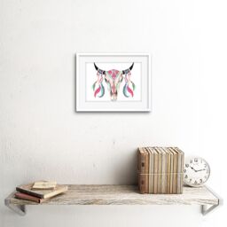 "Artery8 Wall Art Print Watercolour Cow Skull Art Framed 9x7 inch in White - Size: W7"" x H9""" - thumbnail 2
