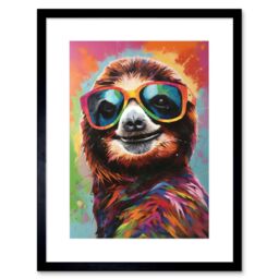 "Artery8 Wall Art Print Multicoloured Smiling Sloth Wearing Sunglasses Artwork Framed 9X7 Inch in Black - Size: W7"" x H9""" - thumbnail 1