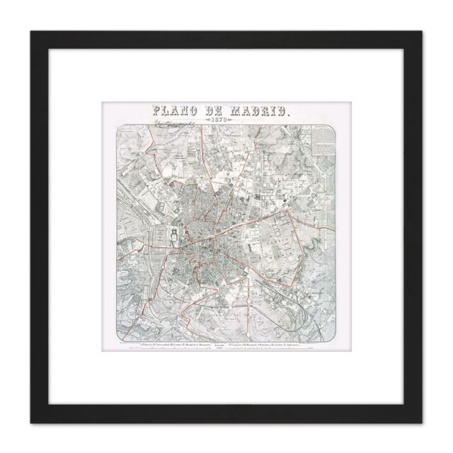 Artery8 Map Antique Morales 1879 Madrid City Plan Old Replica 8X8 Inch Square Wooden Framed Wall Art Print Picture with Mount in Black - image 1