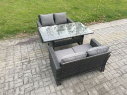 Fimous Dark Grey PE Wicker Rattan Garden Furniture Set Love Sofa Outdoor Rectangular Dining Table - thumbnail 2