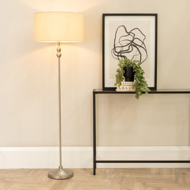 ValueLights Maggie Brushed Chrome Candlestick Floor Lamp with Fabric Shade with LED Bulb in Natural - image 1