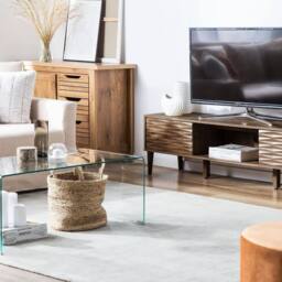 Wyld and Coco Dark Brown TV Stand for up to 75 Inch TVs Two Cabinets and Wide Top
