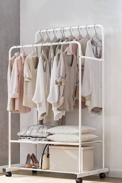 Living and Home 2-Rod Modern Indoor Bedroom Clothes Rack Garment Hanger with 2-tier Storage Shelf in White - image 1