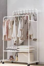 Living and Home 2-Rod Modern Indoor Bedroom Clothes Rack Garment Hanger with 2-tier Storage Shelf in White