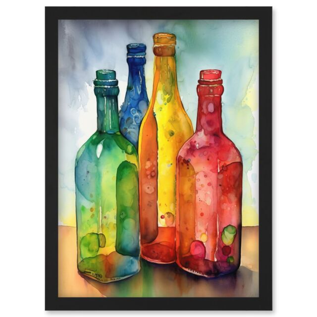 Artery8 Coloured Glass Cider Bottles Still Life Watercolour Painting Artwork Framed Wall Art Print A4 in Black - image 1
