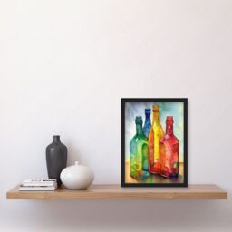 Artery8 Coloured Glass Cider Bottles Still Life Watercolour Painting Artwork Framed Wall Art Print A4 in Black - thumbnail 2