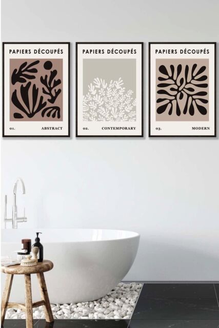 ARTZE Set of 3 Black Framed Matisse Style Floral Cut Out Brown & Black Wall Art in Chocolate - Size: W53 cm x H73 cm x D20mm - image 1