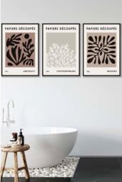ARTZE Set of 3 Black Framed Matisse Style Floral Cut Out Brown & Black Wall Art in Chocolate - Size: W53 cm x H73 cm x D20mm - thumbnail 1