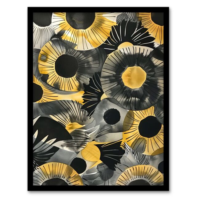 "Artery8 Abstract Black & Yellow Sunflowers Watercolour Framed Art Print - Size: W12"" x H16""" - image 1