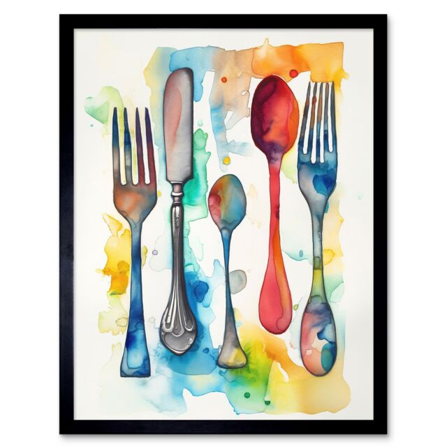 "Artery8 Wall Art Print Cutlery Forks Spoons & Knife Watercolour Painting Art Framed - Size: W12"" x H16""" - image 1