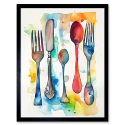 "Artery8 Wall Art Print Cutlery Forks Spoons & Knife Watercolour Painting Art Framed - Size: W12"" x H16""" - thumbnail 1