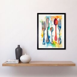 "Artery8 Wall Art Print Cutlery Forks Spoons & Knife Watercolour Painting Art Framed - Size: W12"" x H16""" - thumbnail 2