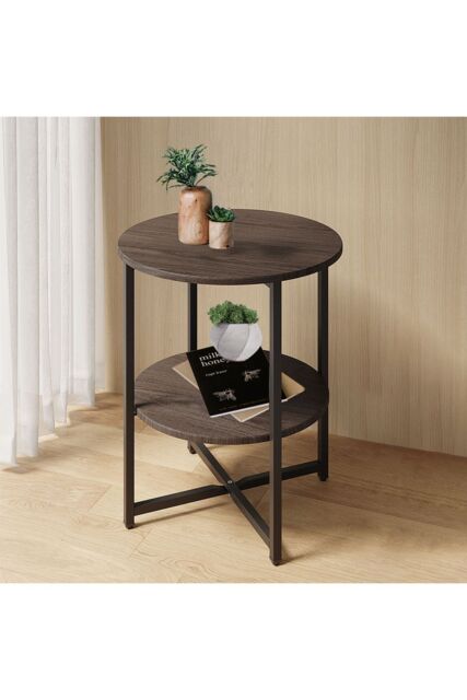 Living and Home Walnut Colored Small Round Coffee Table with 2 Tier - image 1