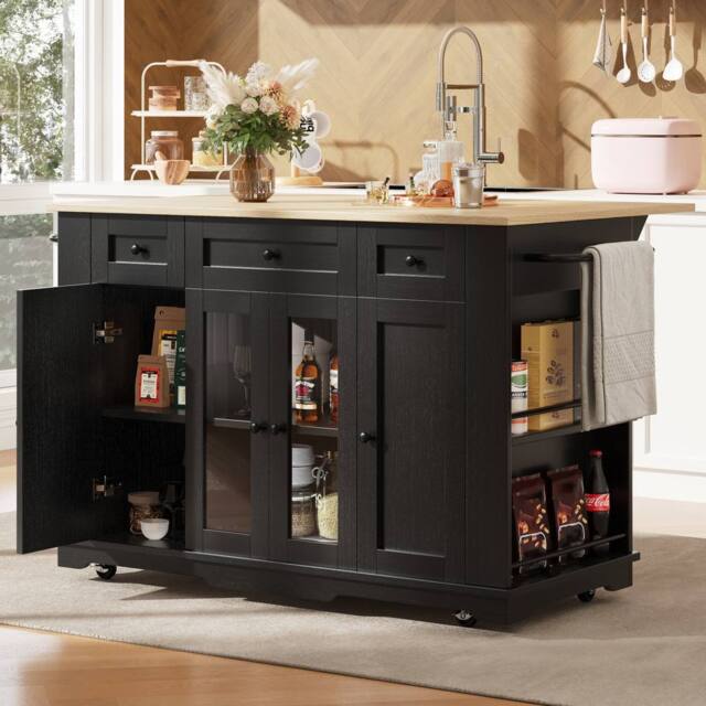Rolipo Kitchen Island Dining Trolley with Wood Grain Top & Glass Cabinet in Black - image 1
